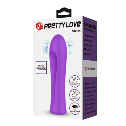 Alfreda Vibrator Purple packaging from Pretty Love, showcasing a textured silicone design and 12 vibration speeds for intense pleasure.