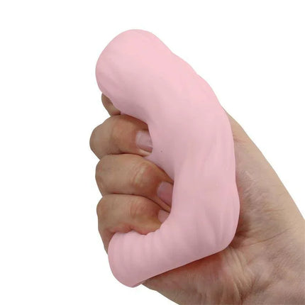 Alice Men Masturbator Pink held in hand, highlighting wavy texture and super-stretchy TPR material for personalized stimulation.