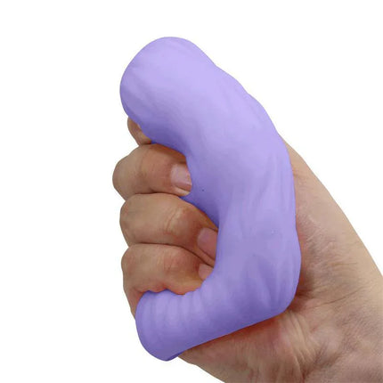 Alice Men Masturbator Purple being held, showcasing flexible and soft TPR material. Ideal for waterproof use and travel-ready convenience.