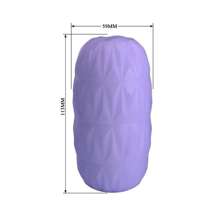 Alice Men Masturbator Purple featuring soft TPR material, textured design, and measurements for flexible stimulation.