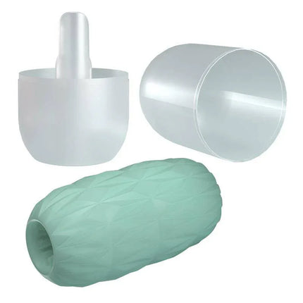 Alice Men Masturbator Turquoise displayed with removable wavy textured sleeve and container for versatile solo pleasure.