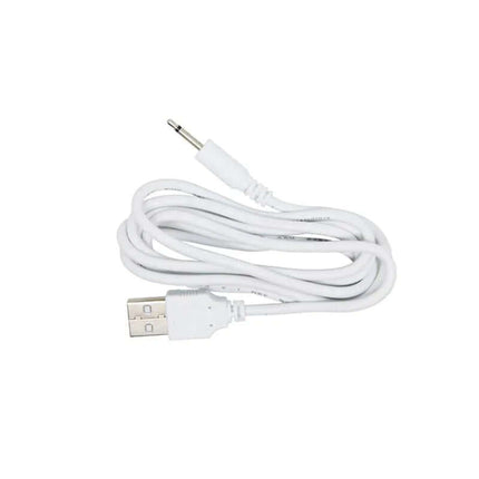 White USB charging cable coiled with a 3.5mm jack connector
