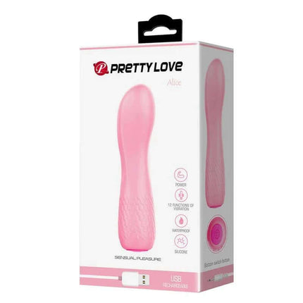 Alice Vibe 12 functions Light Pink personal massager in packaging with product features and design highlights.