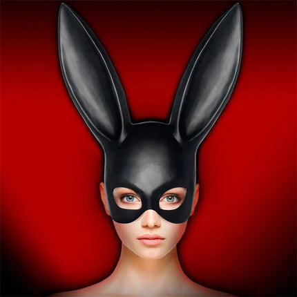 Allicia Bunny Mask Black in sensual red background, showcasing playful BDSM silhouette.