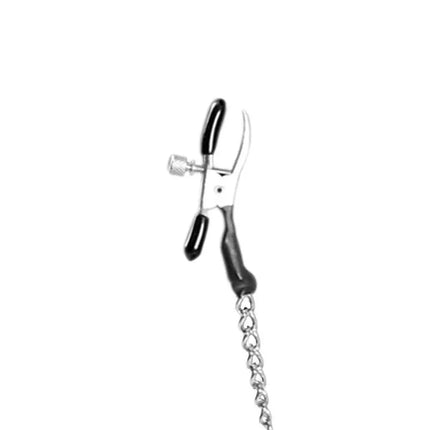 Alligator Nipple Clamps with Chain featuring adjustable metal clips and soft rubber lining for comfortable nipple play.