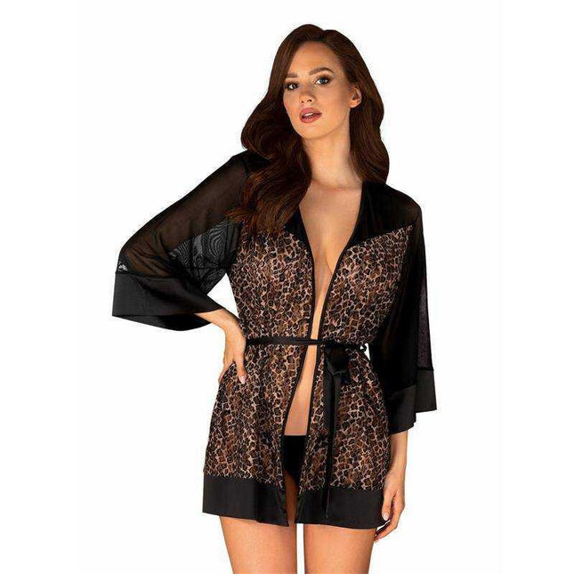 Model wearing Allunes Kimono by Obsessive, showcasing lightweight, breathable fabric with flattering silhouette for sophisticated sensuality.