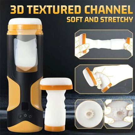 Alston Thrusting and Rotating Masturbator with 3D textured channel, showcasing soft and stretchy design and multiple views.