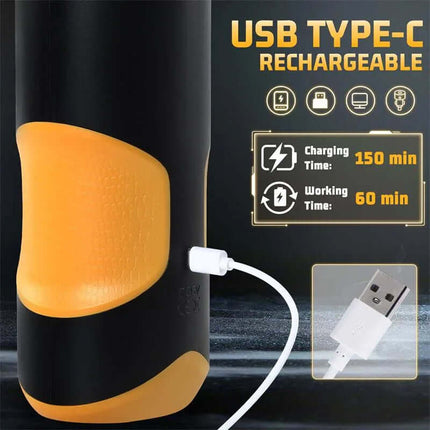 Alston Thrusting and Rotating Masturbator with USB Type-C charging port and details on charging and usage time.