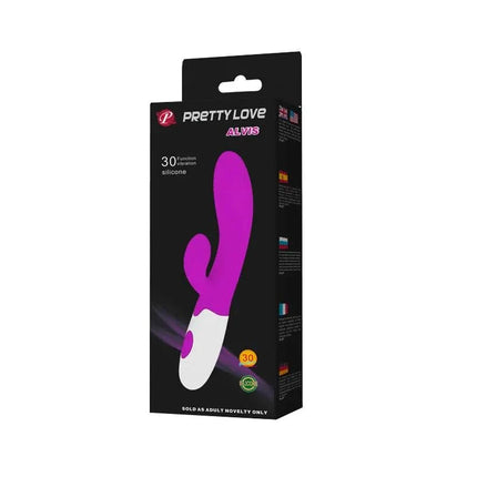 Alvis 30 Function Vibe Pink packaging displaying dual-motor pink vibrator with 30 vibration patterns for customizable pleasure.