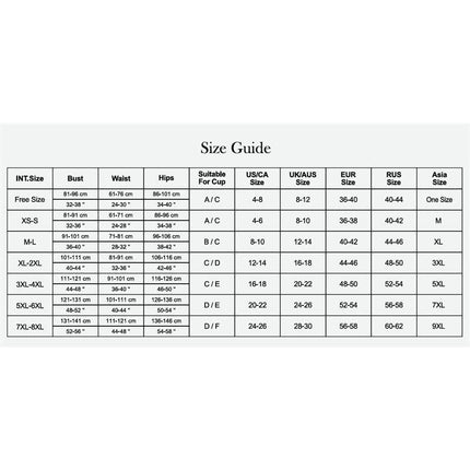 Size guide for lingerie, showing international, bust, waist, hips, cup, US, UK, EUR, RUS, and Asia sizes from XS to 8XL.