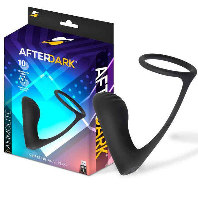 Ammolite Vibrating Anal Plug with Testicle Ring in packaging, featuring body-safe silicone and 10 vibration functions by Afterdark.