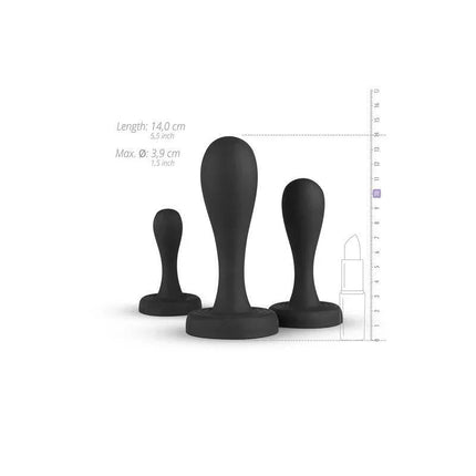 Anal Adventures 3 pcs Set featuring black silicone anal plugs in small, medium, and large sizes with measurement details.
