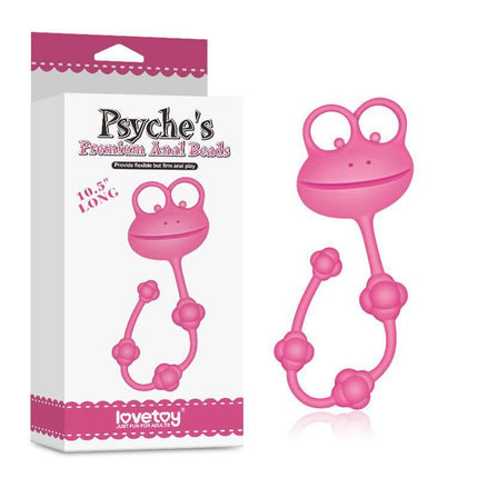 Anal Beads Frog Pink by Psyche in packaging, featuring a playful frog design, flexible beads, and a comfortable handle for adult pleasure.