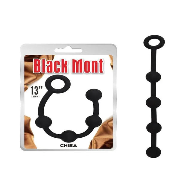 Black Mont silicone anal beads with packaging, 13 inches long, featuring a flexible chain of round beads for enhanced stimulation.