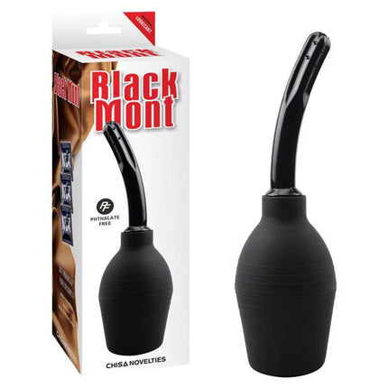 Anal Douche Booty Cleanse 25.5 cm Black with packaging, featuring long neck and extra cover, ideal for hygienic intimate cleansing.