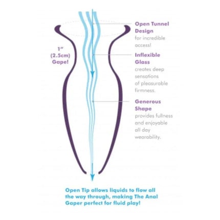 Diagram of the Anal Gaper Large Clear showing features: open tunnel, inflexible glass, generous shape, perfect for fluid play.