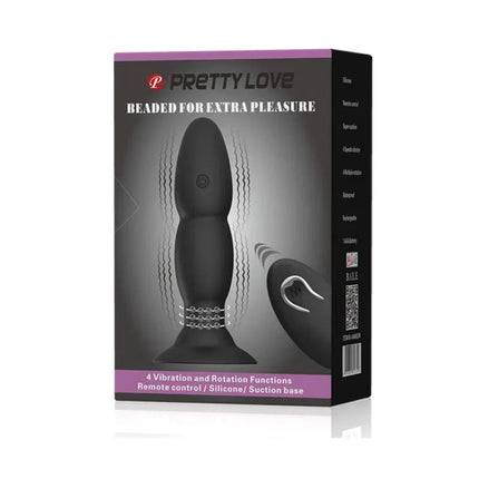 Anal Plug 4 Vibration and Rotation by Prettylove in packaging with remote control and suction base, showcasing four vibration and rotation functions.