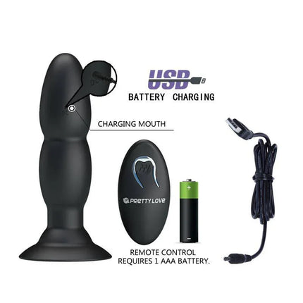 Anal Plug 4 Vibration and Rotation by Prettylove with USB charging and remote control with AAA battery.