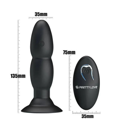 Anal Plug 4 Vibration and Rotation by Prettylove, shown with size dimensions.