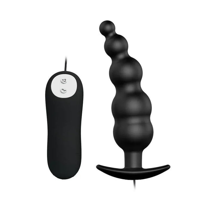 Anal Plug Bubbles Vibrator Black with Remote Control showcasing bubble texture and wireless remote for hands-free use.