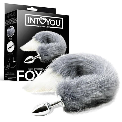 Anal Plug with Grey and White Foxy Tail, showcasing metal plug and silky fox tail beside packaging, 40 cm tail length.