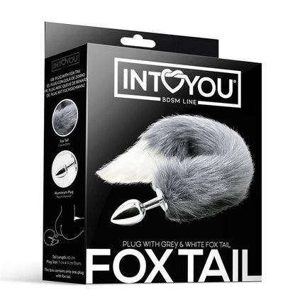 Product packaging for Anal Plug with Grey and White Foxy Tail, featuring a metal plug and plush fox tail, ideal for anal play enthusiasts.