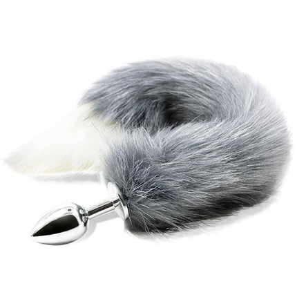 Anal Plug with Grey and White Foxy Tail featuring a sleek metal plug and a 40cm silky two-toned fox tail for a unique sensory experience.