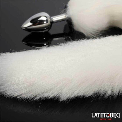 Anal Plug with Tail 40 cm - White, metal construction with silky white tail, part of Latetobed BDSM Line, for intense play experiences.