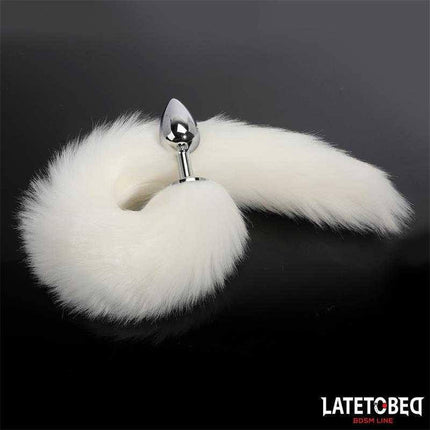 Anal Plug with Tail 40 cm - White by Latetobed BDSM Line, featuring a metal plug with a 40 cm silky white tail, product display.