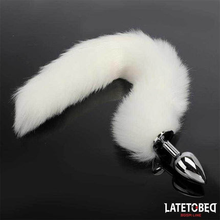 Anal Plug with Tail 40 cm - White, metal construction, BDSM accessory, silky tail, Latetobed product