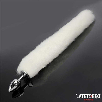 Anal Plug with Tail 40 cm - White, metal plug with silky 40 cm tail for intense sensations, part of Latetobed BDSM Line.