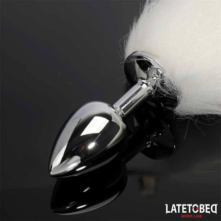 Anal Plug with Tail 40 cm - White, metal plug with silky white tail for intense pleasure, Latetobed BDSM Line