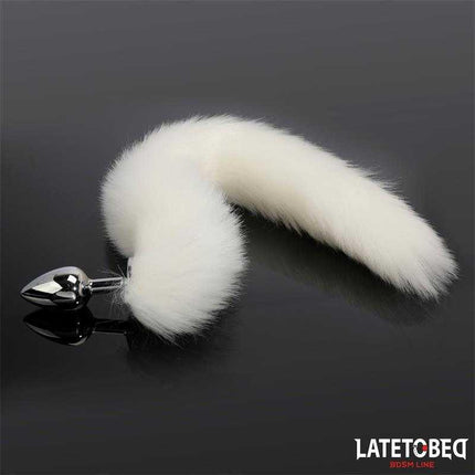 Anal Plug with Tail 40 cm - White, metal plug with silky white tail, Latetobed BDSM line, intense pleasure accessory.
