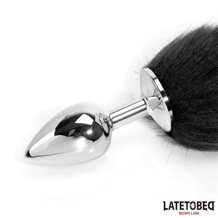 Anal Plug with Tail - Black 40 cm, a metal plug with elegant, silky black tail from Latetobed BDSM Line for adventurous exploration.