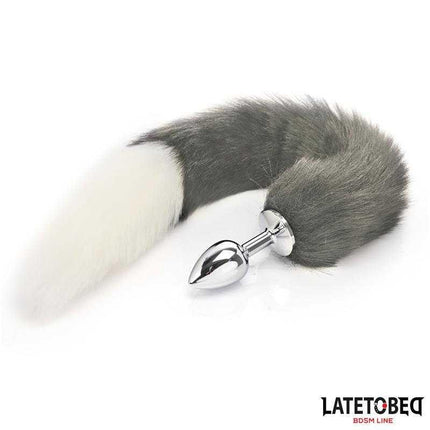Anal Plug with Tail - Elegant 40cm Gray & White featuring a metallic design with a fluffy gray and white tail from Latetobed BDSM Line.