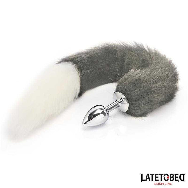 Anal Plug with Tail - Elegant 40cm Gray & White featuring a metallic design with a fluffy gray and white tail from Latetobed BDSM Line.