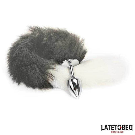 Anal Plug with Tail - Elegant 40cm Gray & White, metal anal plug with long silky tail, Latetobed BDSM line, striking and dramatic.