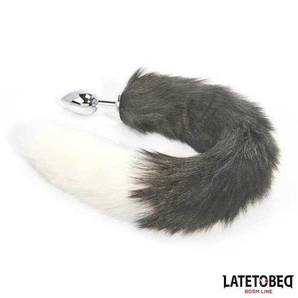 Anal Plug with Tail - Elegant 40cm Gray & White, metal design, BDSM Line by Latetobed, featuring a silky gray and white tail.