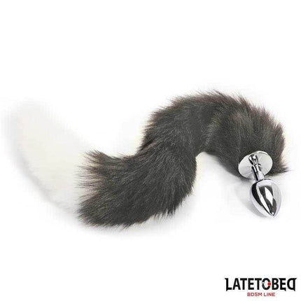 Anal Plug with Tail - Elegant 40cm Gray & White, metal plug with fluffy gray and white tail from Latetobed BDSM Line.