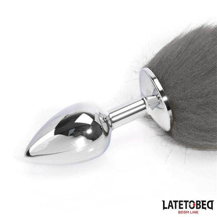Anal Plug with Tail - Elegant 40cm Gray & White featuring metal plug and silky gray tail from Latetobed BDSM Line
