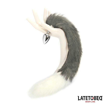 Anal Plug with Tail - Elegant 40cm Gray & White by Latetobed, featuring metal plug and long plush tail for sensual play