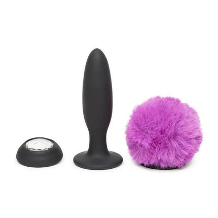 Anal Plug with Vibration and Double Base Purple Large featuring black plug and purple fluffy attachment.
