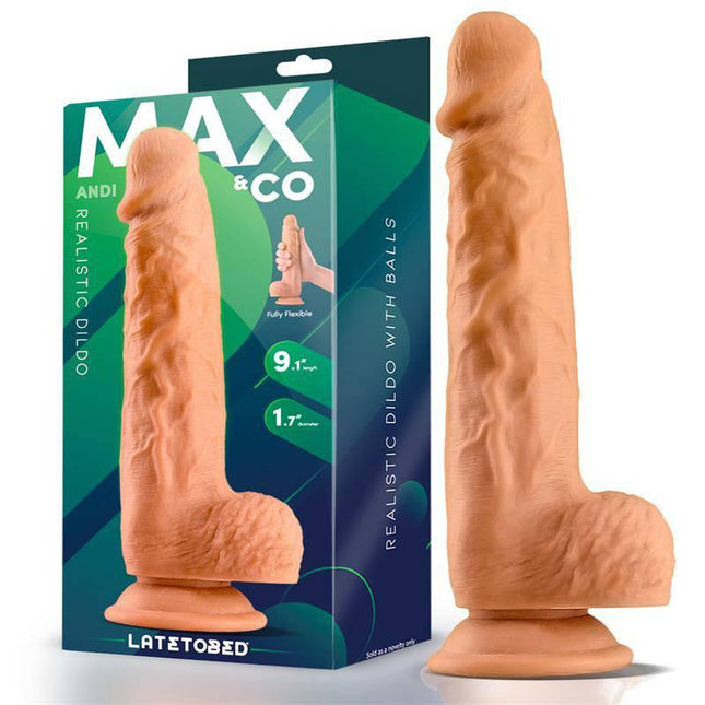 Andi Realistic Dildo with Testicles 9.1 Flesh featuring lifelike design and secure suction base for hands-free use against packaging.