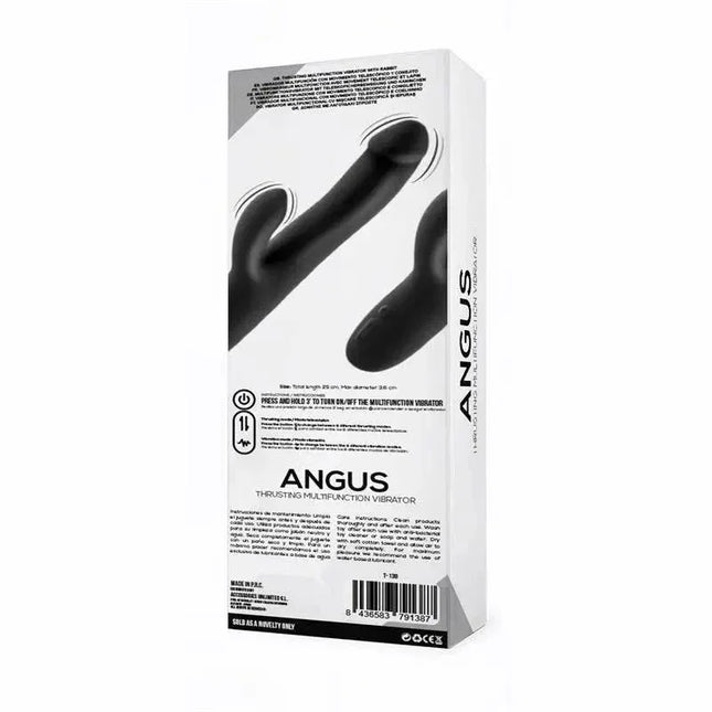Product packaging of Angus Vibrator with Thrusting Movement 2 Motors Silicone USB showcasing features and design