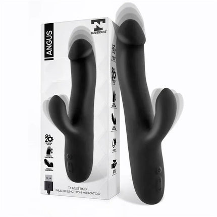 Angus Vibrator with Thrusting Movement 2 Motors Silicone USB - Dual-motor design in black with packaging, USB rechargeable feature