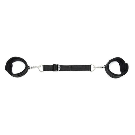 Ankle Cuffs with Adjustable Spreader Strap featuring black nylon cuffs, Velcro closure, and durable karabine hooks for reliable restraint.