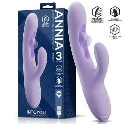 Annia G-Spot Vibrator with Internal Wiggling in packaging, featuring curved design and three motors for customizable pleasure.