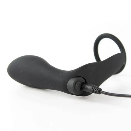 Black Ansel Anal Plug with Vibration and Cock Ring USB Silicone charging on a white background.