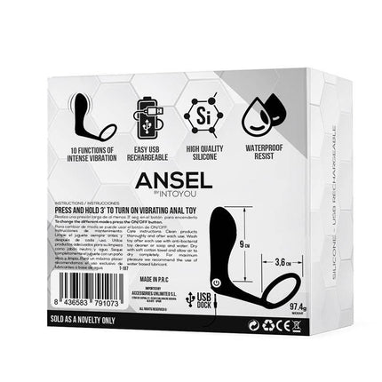 Packaging of Ansel Anal Plug with Vibration and Cock Ring USB Silicone, showcasing features like USB rechargeability and waterproof design.