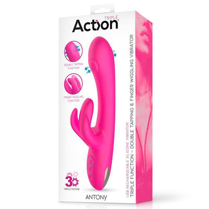 Antony Double Tapping and Finger Wiggling Vibe in packaging with triple-function design and three independent motors displayed.